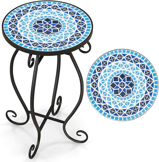 Giantex Outdoor Side Table, Mosaic Patio Table, 12inch Accent Table Plant Stand Indoor, Ceramic Tile Top Metal Frame, Small End Table Porch Beach Patio Garden Balcony Poolside