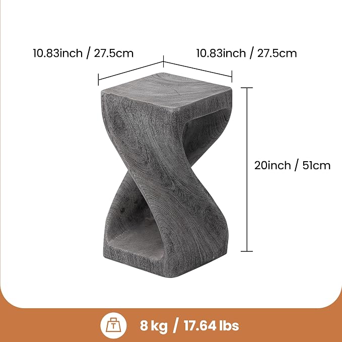 HOMPUS Outdoor Side Table w Twisty Shape, Concrete Accent End Table, Faux Wooden Patio Side Table Lightweight MgO, Modern Vintage Plant Stand Garden Tool for Indoor Outdoor Use, Color Grey