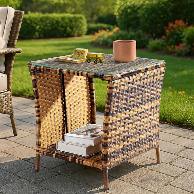 Outdoor Wicker Rattan Side Table, Square Rattan Coffee End Table Patio Wicker Table with Tempered Glass Top and Storage for Patio Garden Balcony (Yellow Gradient)