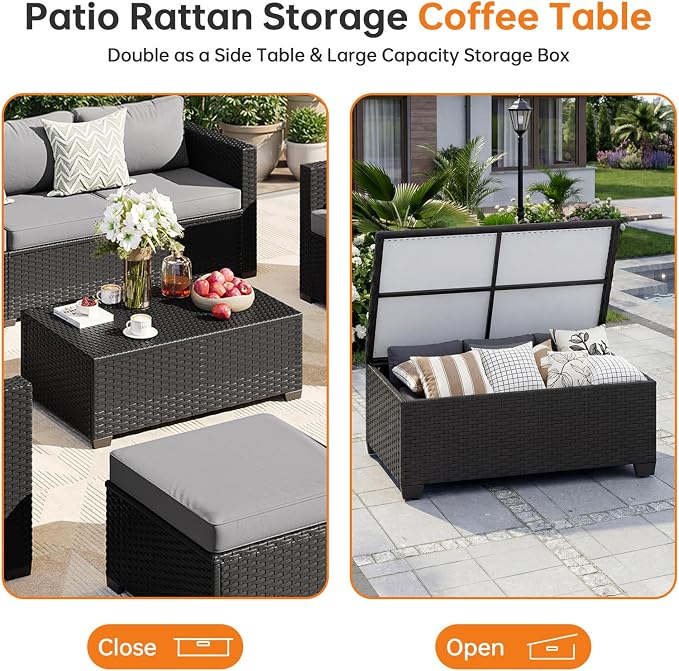 LazySunsets 6-Piece Outdoor Patio Furniture Set, Rattan Outdoor Sectional with Thick Waterproof Cushions, Wicker Ottomans & Waterproof Cover, Patio Conversation Set for Garden, Backyard, Grey