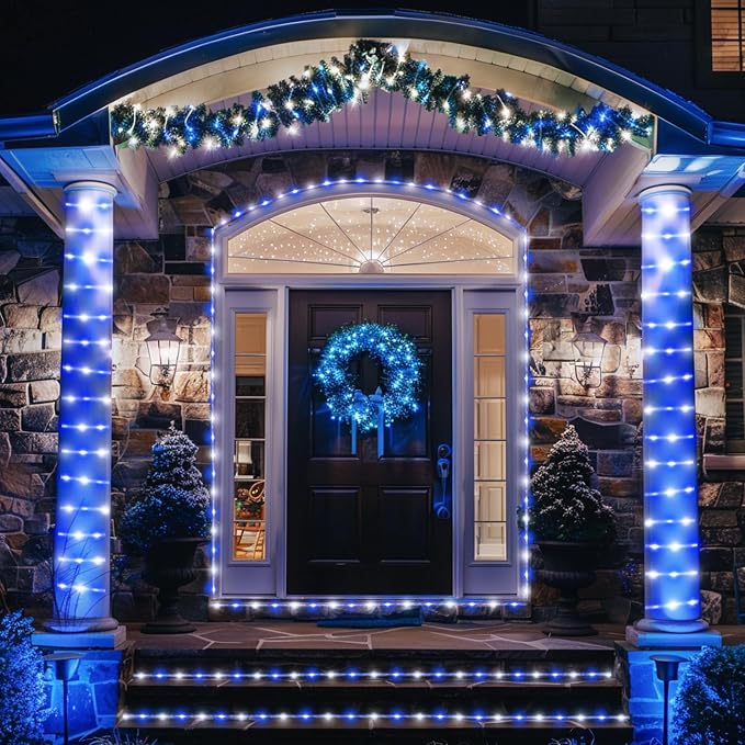 JMEXSUSS 66ft 200 LED Blue and White Solar Rope Lights for Christmas Decor | IP 65 Outdoor Waterproof Christmas Rope Lights with 8 Modes, Solar Christmas Lights for Fence Yard Walkway Christmas