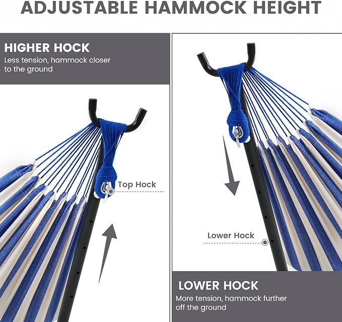Lazy Daze Portable Hammock with Stand, Free Standing Hammocks for Indoor Outdoor Patio Yard, Has a Carrying Bag and Pillow, 9ft Hamacas Heavy Duty 2 Person Amaca 450 lbs Capacity(Blue White)