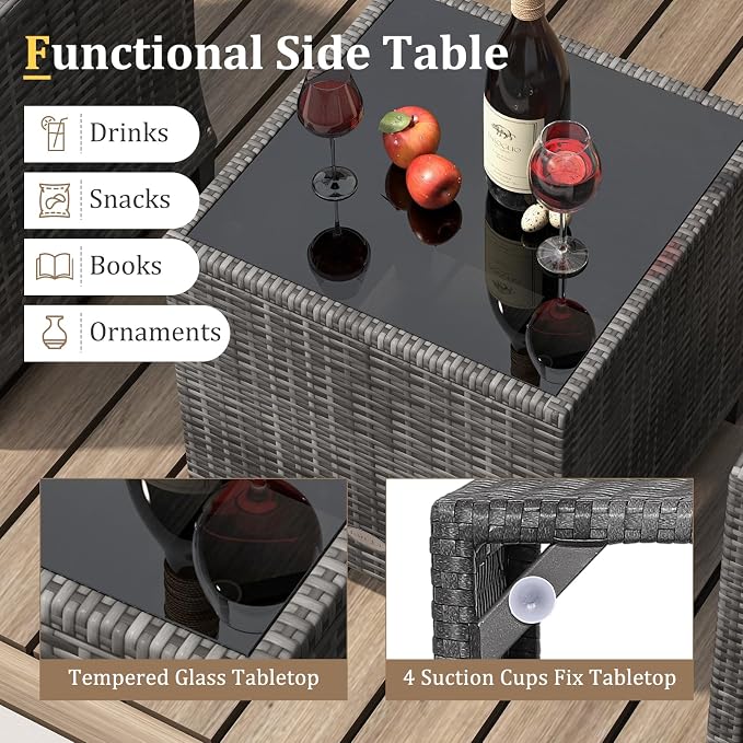 KOTEK 3 Piece Patio Furniture Set, Outdoor PE Rattan Conversation Set with Washable Cushions & Tempered Glass Tabletop, Wicker Chairs and Table Set for Porch, Garden, Balcony (White)