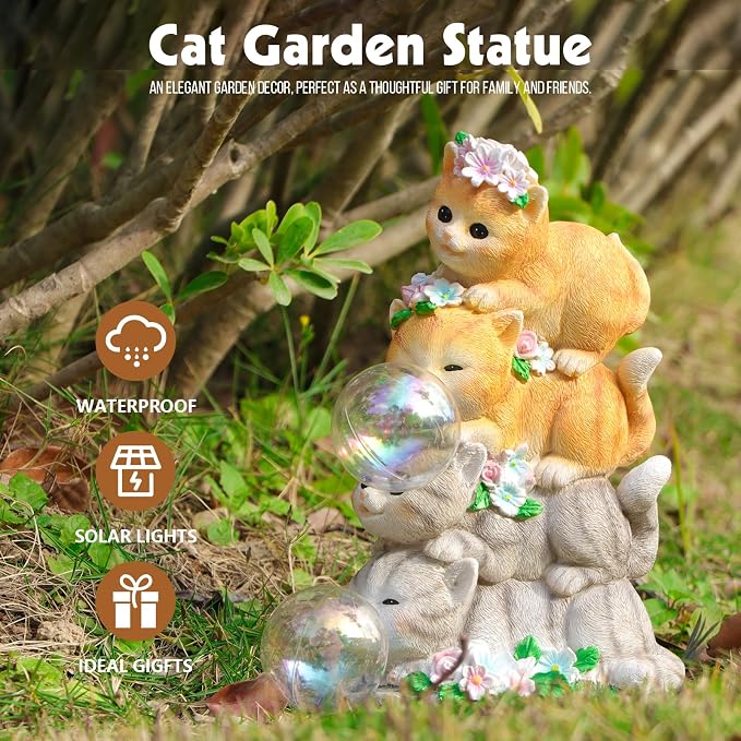 Cat Garden Statue, Orange Cats with Bubble Solar Lights, Cat Lovers Gifts | Stacked Cats Solar Lantern Lights, Lawn Ornaments for Outside Clearance, Yard, Patio, Porch Decor and Gardening Gift