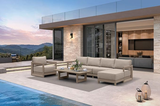 PURPLE LEAF Patio Furniture Set Open-End Outdoor Couch with 9.6" Thick Cushion and Soft Pillows 7 Piece Outdoor Sectional Sofas with Ottoman Modern Outdoor Conversation Sets for Yard Porch Deck, khaki