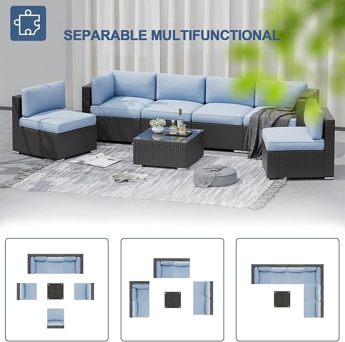 SUNCROWN 7-Piece Outdoor Patio Furniture Sofa Set All-Weather Wicker Sectional Conversation Set with Modern Glass Coffee Table and Cushions（Light Blue）