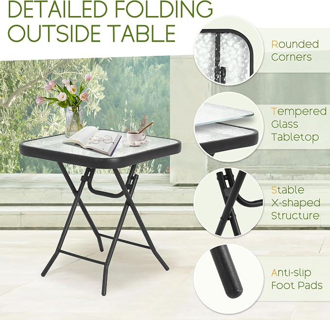 Folding Outdoor Side Table -Patio End Bistro Tables Portable Small 17.5" Square Tempered Glass Top Waterproof Dining Coffee Metal Black