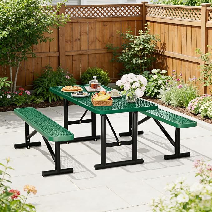 6FT Outdoor Metal Picnic Table with 2 Benches,Heavy Duty Rectangular Picnic Table Set for Outside, Waterproof Commercial Restaurant Table Furniture for Park, Campfield, Patio, Garden, Yard