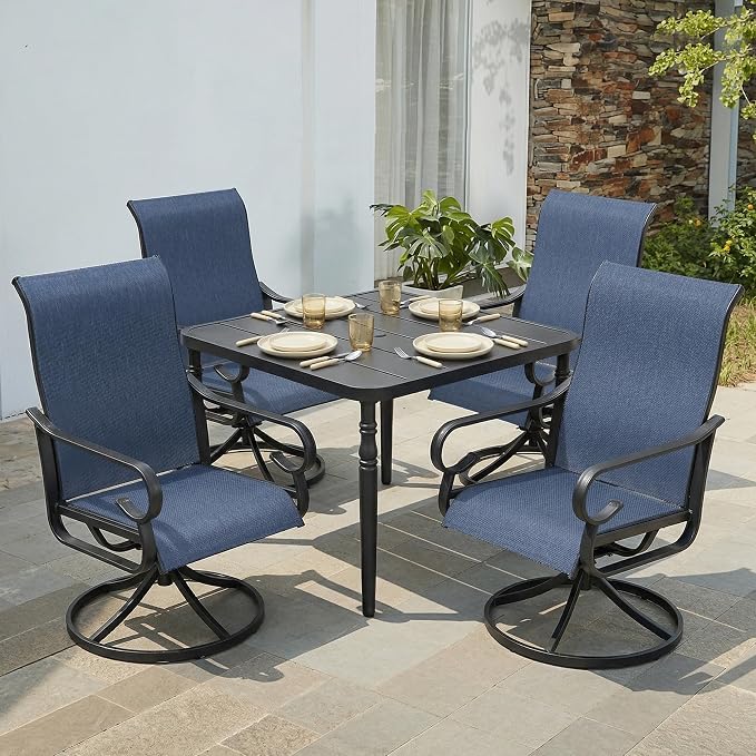 NUU GARDEN Outdoor Dining Set with Umbrella Hole, 5-Piece Patio Furniture Set with Slatted Table and 4 Swivel Padded Textilene Chairs, All-Weather Patio Dining Set, Blue
