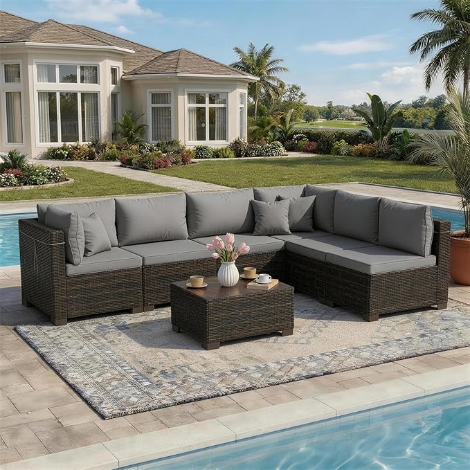 LAFWLL 7 Pieces Outdoor Patio Furniture Sets,Rattan Conversation Sectional Set,Manual Weaving Wicker Patio Sofa with Tea Table