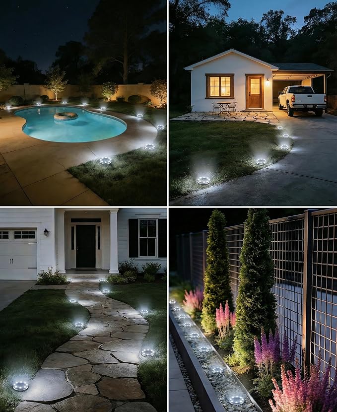 LOTMOS 20 Pack Solar Ground Lights Outdoor, 8 LED Solar Flat Lights IP68 Waterproof Disc Light, Landscape Lighting Solar Powered for Garden Yard Path Driveway Lawn Patio Walkway, Cool White