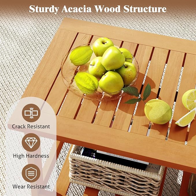RELAX4LIFE 2-Tier Outdoor Coffee Table - Acacia Wood Rectangular Patio Center Table w/Slatted Tabletop & Storage Shelf, Indoor Outside Wooden Furniture for Living Room Backyard Deck Balcony, Natural