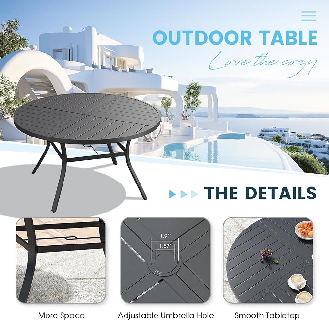 7 Pieces Patio Furniture Dining Set, 6 Textilene Swivel Dining Chairs, 53" Outdoor Round Metal Table with 1.57" Umbrella Hole, Outdoor Dining Set for Porch, Lawn, Garden, Black/Brown