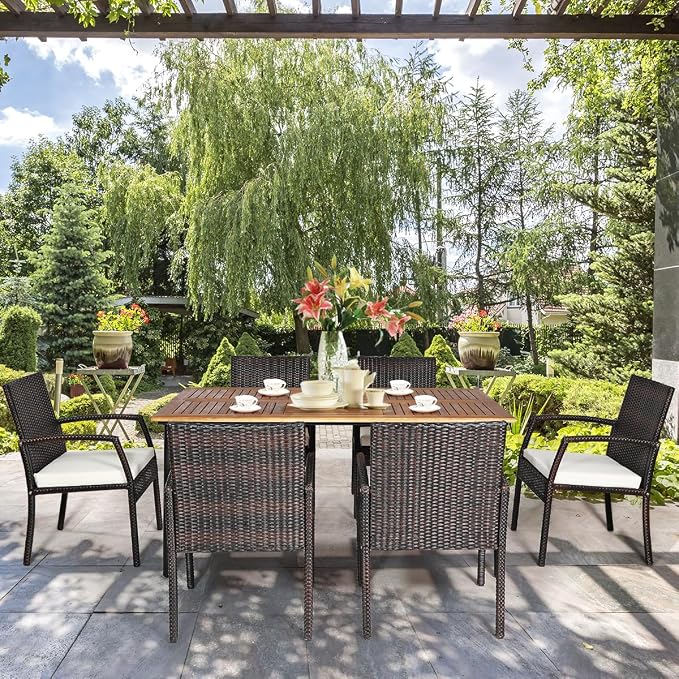 COSTWAY 7-Piece Outdoor Patio Furniture Set, Rattan Dining Table & Chairs with Cushions, Umbrella Hole & Tempered Glass Tabletop, Modern Garden Rattan Set for Backyard, Poolside, Balcony (White)