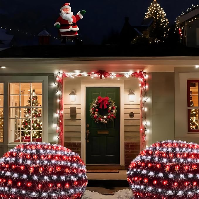 Pooqla Red and White Christmas Net Lights Outdoor, 15x 5ft Green Wire | 300 LED Large Net Mesh Lights Plug in, 8 Modes Waterproof Connectable Bushes Lights for Christmas Hedge Yard Decor