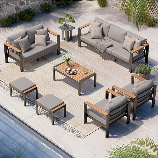 Aluminum Outdoor Patio Furniture Set with Coffee Table, 7 Piece Patio Conversation Sets with Thick Cushion, Ottomans, Patio Sectional Furniture Set for Porch, Balcony, Deck, Yard, Gray