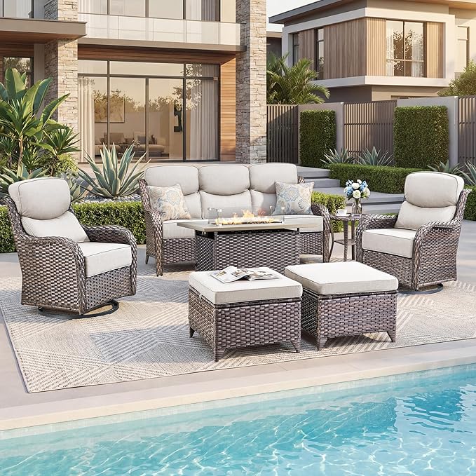 Luxury Patio Furniture Set with 6-inch Thick Cushion, Outdoor Furniture with Fire Pit Table, Swivel Chairs, Sofa, Side Table, Ottomans, 7pcs Wicker Conversation Set (Brown Wicker | Beige Cushion)