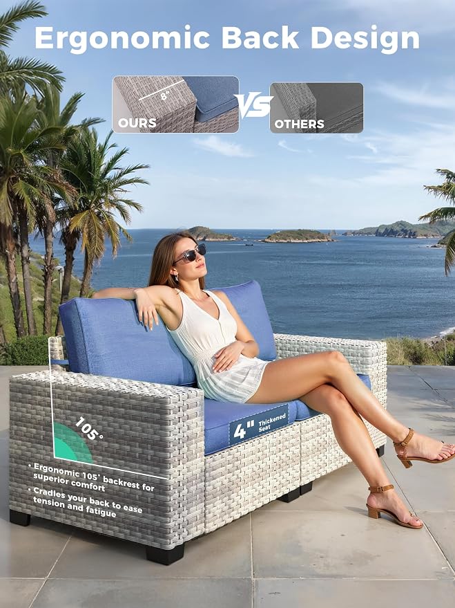 10 Piece Outdoor Wicker Sectional Sofa Set with Swivel Chairs & Fire Pit Table, 7-Seats with 4" Thickened Cushions & Coffee Table, All-Weather PE Rattan for Garden, Backyard, Porch, Blue
