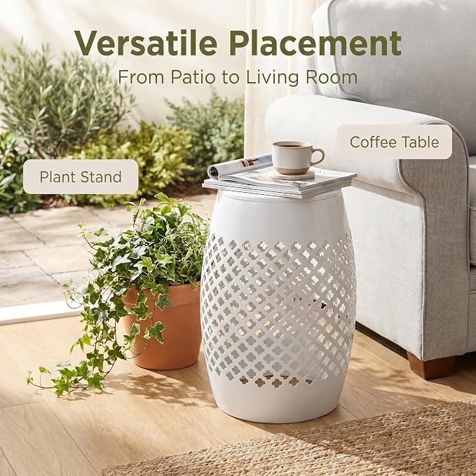 12" Outdoor Side Table, Metal Cutout Drum Side Table, Patio Garden Stool | Coffee End Tables for Small Spaces, Living Room, Backyard, Poolside