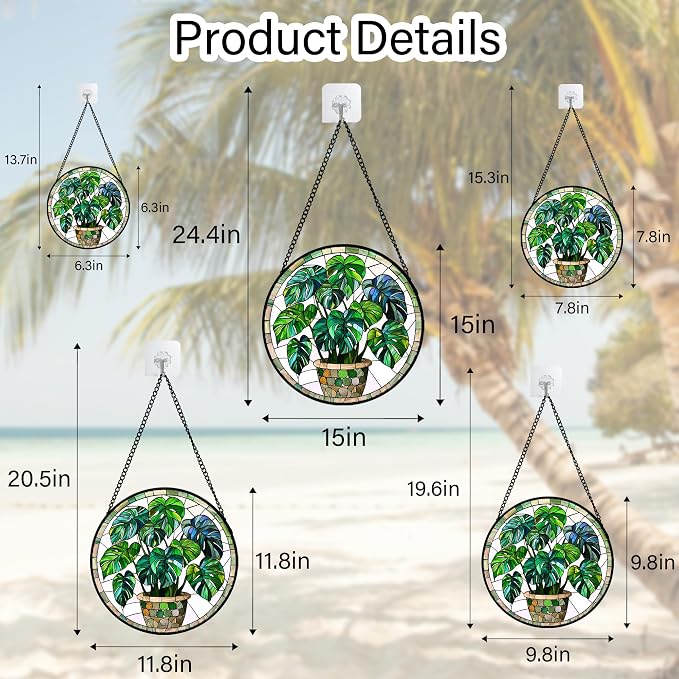 DASTOLL Stained Glass Window Hanging, Green Plant Monstera t Suncatcher Diamond Colorful Glass Panel Sun Catchers Decor for Birthday for Women, Men, Wife, Aunt, and Mom 7.8 in