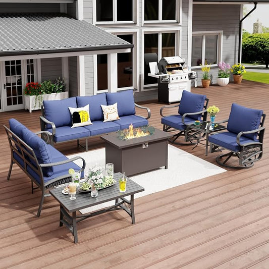 7 Piece Patio Furniture Set, All Weather Metal Outdoor Conversation Set with 50000 BTU Propane Fire Pit Table, 3 Seat Sofa, 2 Swivel Chairs and 5" Cushions for Garden, Porch, Lawn, Blue