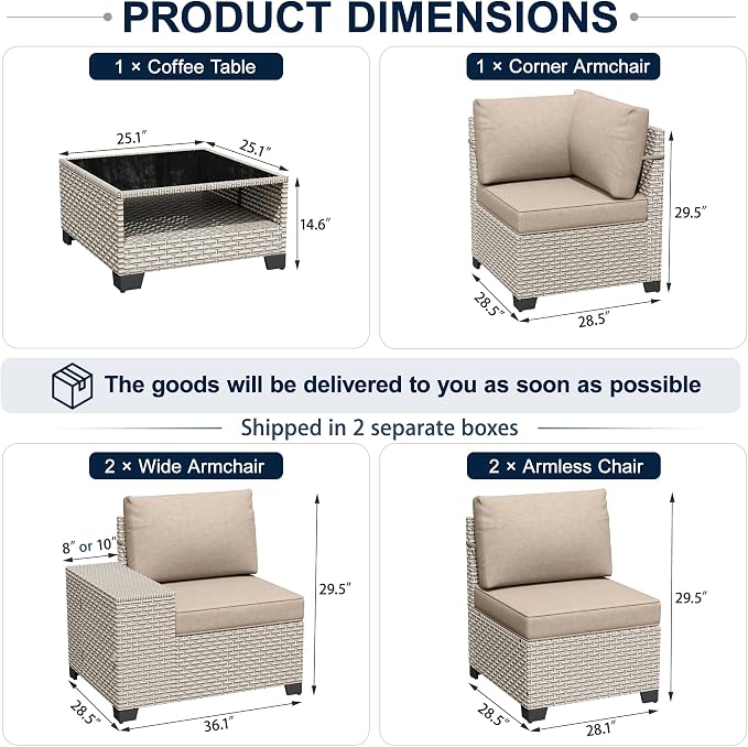 6-Piece Outdoor Patio Furniture Set, Modular Sectional Sofa Set with Glass Coffee Table and Cushions, Wicker Outdoor Couch Conversation Sets, Khaki