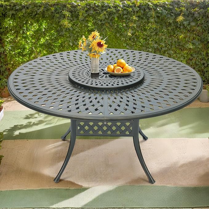 VIVIJASON Outdoor 61" Patio Dining Table for 6-8 Person, Patio Round Dining Table with 24" Lazy Susan, Cast Aluminum Rustic Patio Table W/Umbrella Hole for Balcony, Porch and Deck, Dark Bronze