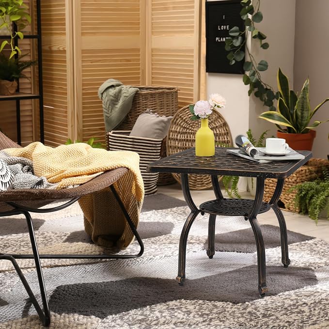 21" Cast Aluminum Outdoor Dining Side Table,Square Outdoor Coffee Table,All-Weather Outdoor Dining Table,Patio Coffee Bistro Table,with Storage Shelf,for Garden Pool Deck Lawn Backyard (Bronze)