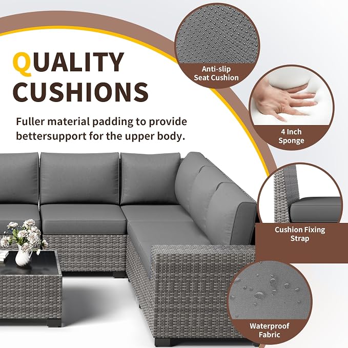 Outdoor Patio Furniture Set, Wide Outdoor Sectional Rattan Sofa Set, Wicker Patio Conversation Set with Cover for Deck, Poolside, Porch, 8 PCS (Grey & Grey)