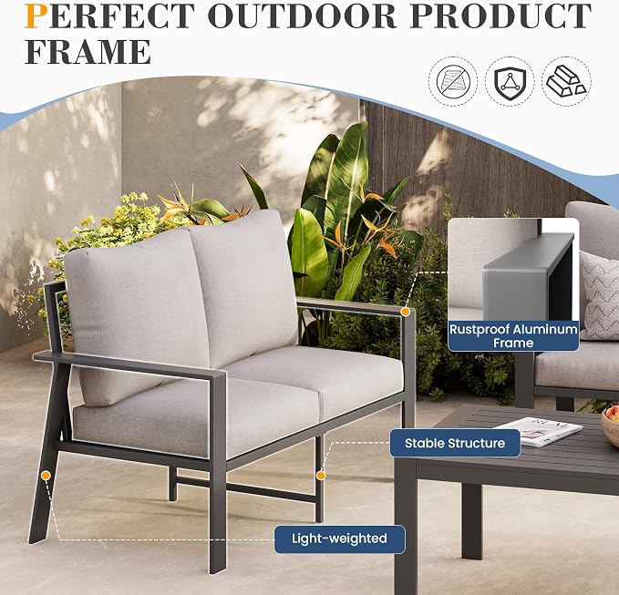 Aluminum Outdoor Loveseat with Coffee Table Small Furniture Patio Love Seat Couch Outdoor Chairs with 4" Cushion Loveseats Sofa for Poolside,Balcony,Deck,Yard