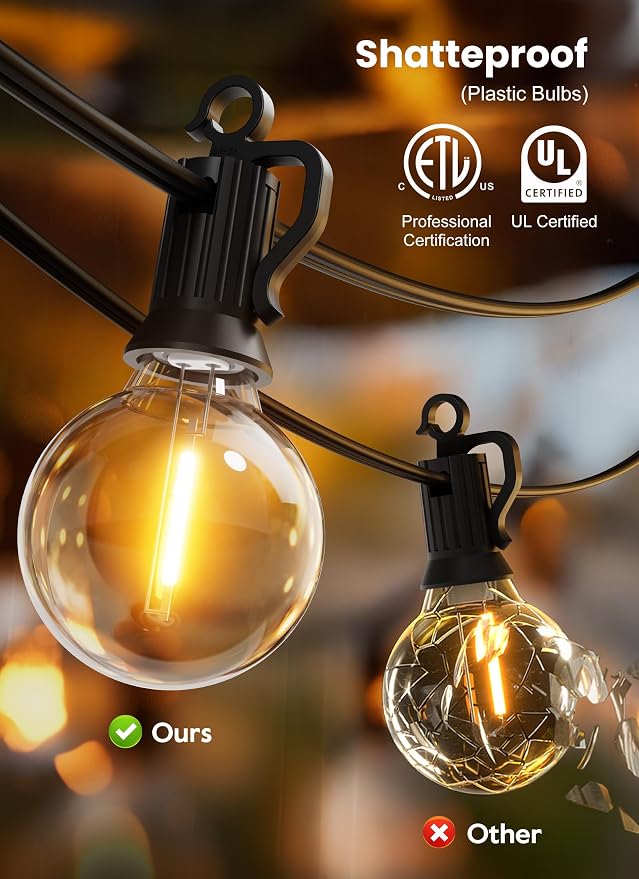 Brightown Outdoor String Lights, 200FT 100+2 G40 Bulbs Shatterproof Patio Lights, IP65 Waterproof Dimmable Hanging Connectable Globe LED Outdoor Lights for Backyard, Bistro, Porch, Deck, Balcony | IP65 Waterproof Dimmable Hanging Connectable Globe LED ...