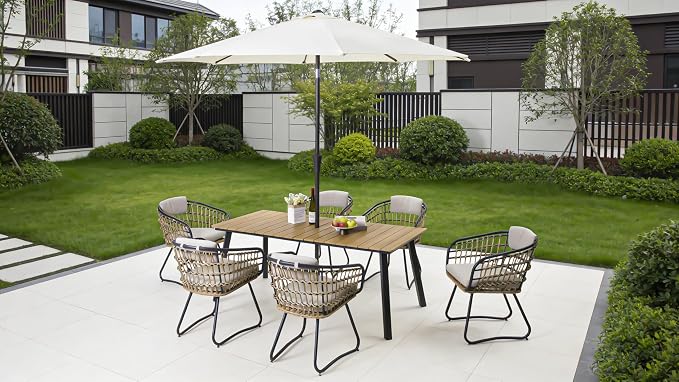 70" Steel Elegant and Stylish Kitchen Dining Table, Simple and Practical Dining Table, Mid-Century Style Outdoors Coffee Tables with Umbrella Hole for Patio, Garden, Poolside , Bronze,Earthy Yellow