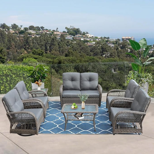 VIVIJASON 7-Piece Outdoor Patio Wicker Conversation Sets, All Weather Outdoor Rattan Furniture Set Includes Glider Loveseat, 2 Glider Rocker Chairs, 2 Swivel-Gliders Chairs, 2 Coffee Table, Grey