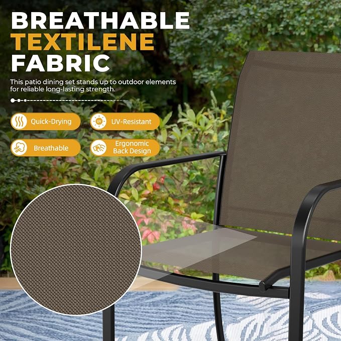 Incbruce 6 PCS Patio Dining Set with Sky Blue Umbrella, Outdoor Dining Set of 4 Textilene Chairs and 41" Round Table with Umbrella Hole for Backyard, Garden, and Poolside (Brown)