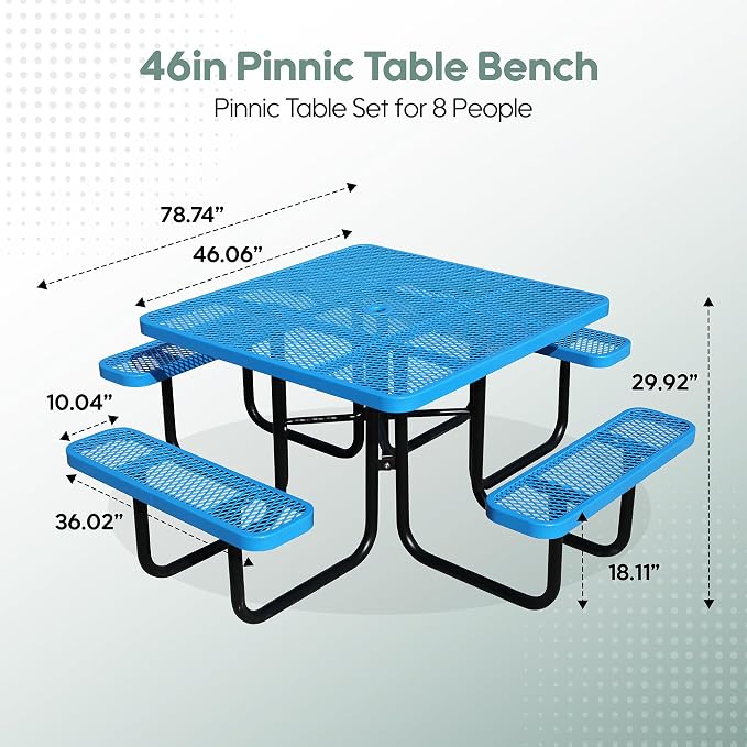 46" Square Picnic Table for Outside,Blue Heavy Duty Metal Picnic Table Bench Set with 2in Umbrella Hole, 1600 lb Capacity,Commercial Dining Table Furniture for Garden Yard Patio Party Coffee Shop