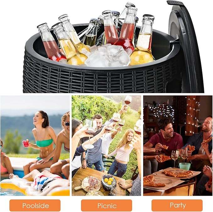 Tangkula 9.5 Gal Cooler Bar Table, Patio Wicker Ice Cool Bar Table, Outdoor Rattan Bar Table with Ice Bucket, Ice Bucket with Side Handles & Lid, Beer & Wine Cooler for Party, Poolside, Deck, Yard