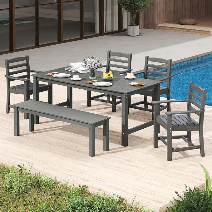 Tangkula Patio Dining Chairs Set of 4, HDPE All Weather Outdoor Chair w/Wide Armrests, Curved Seat, Wood Grain, Plastic Porch Chair for Backyard, Garden, Front Porch, Poolside (Gray, 4 Chairs)