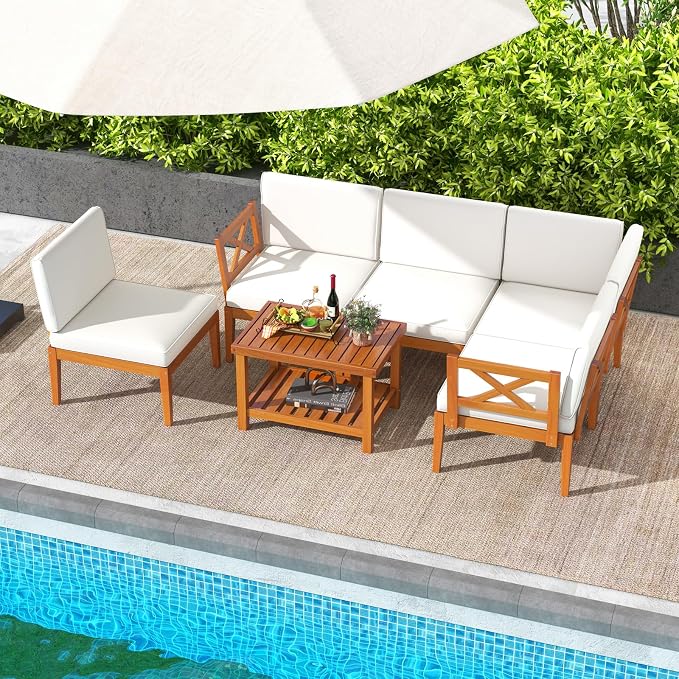Tangkula 6 Pieces Acacia Wood Patio Furniture Set, Outdoor Sectional Conversation Set with Cushions and 2-Tier Coffee Table, L Shaped Corner Sofa Set for Garden, Porch, Poolside and Backyard