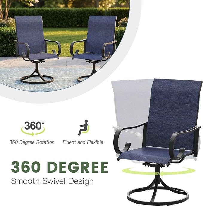 9 Pieces Patio Dining Set, 8 Outdoor Swivel Dining Chairs with 60" Round Metal Outdoor Dining Table with Umbrella Hole for Garden Backyard Deck, Dark Blue & Black