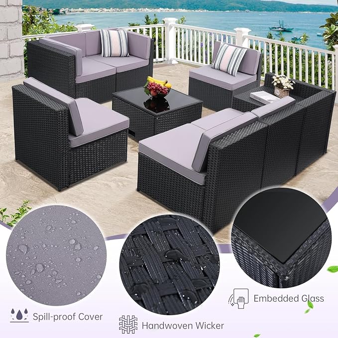 8-Piece Outdoor Wicker Patio Furniture Set with Glass Top Table Featuring Hidden Storage for Backyard, Garden, Deck, or Porch(Black)