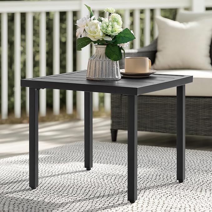 NUU GARDEN Outdoor Patio Side Table, Metal Side Table, Black | Features a slatted tabletop, adjustable feet and powder-coated metal construction for outdoor use and easy maintenance.