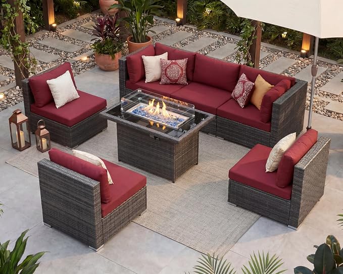 BULEXYARD 7 Piece High Back Outdoor Furniture Set with Fire Pit, Durable All Weather Wicker Patio Couch Sofa Set, Large Size Modular 6-Seater Sectional Backyard Seating Wide Deep for Lawn, Grey & Red
