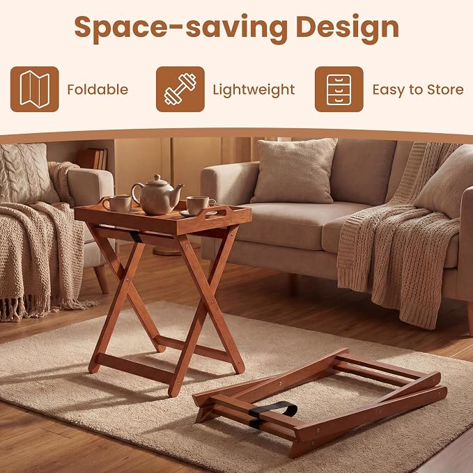 HAPPYGRILL Outdoor Wood Tray Table Folding Side Table with Removable Serving Tray, Portable Patio End Table for Porch, Garden, Backyard, Poolside (1)