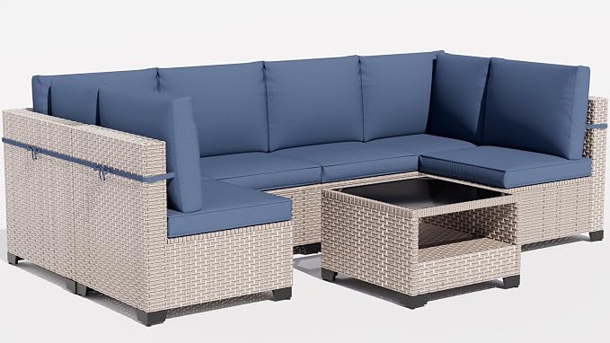 10 Pieces Patio Furniture Set, Outdoor Sectional Wicker Sofa with Thick Cushions and Storage Coffee Table, Rattan Patio Conversation Sets for Deck Yard Poolside, Navy