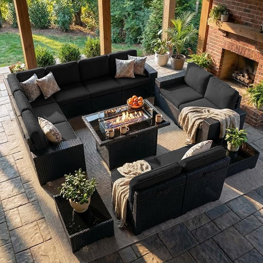 LayinSun 13 Pieces Outdoor Patio Furniture Set with 44" Fire Pit Table Rattan Sectional Sofa Conversation Sets