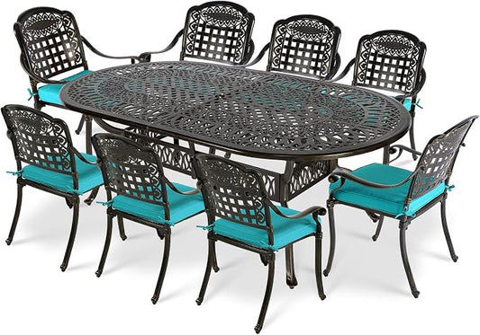 VIVIJASON 9-Piece Outdoor Cast Aluminum Dining Set, Rust-Free Classic Vintage Patio Furniture Set, Include 8 Cushioned Chairs and an Oval Table with Umbrella Hole for Lawn Backyard, Ocean Blue Cushion