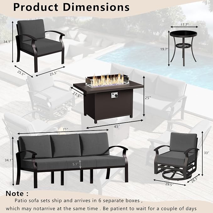 Patio Furniture Set 10 Seats Aluminum Armrest Sofa, Modern Outdoor Living Room Set with 55000 BTU Propane Aluminum Fireplace, Outdoor Rotary Joystick with Thick Cushion - Grey