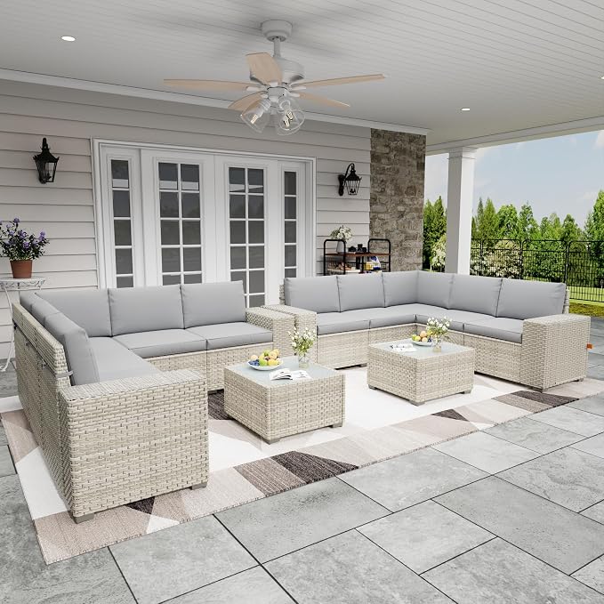 12 Piece Patio Furniture Set, 9.8" Wide Arm Sectional Sofa with Storage Armrests, All-Weather Rattan Outdoor Conversation Set for Garden, Porch, Lawn, Backyard, Balcony, Grey