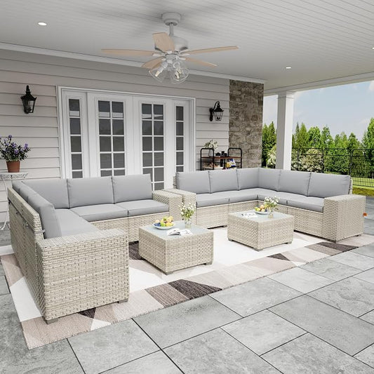 12 Piece Patio Furniture Set, 9.8" Wide Arm Sectional Sofa with Storage Armrests, All-Weather Rattan Outdoor Conversation Set for Garden, Porch, Lawn, Backyard, Balcony, Grey