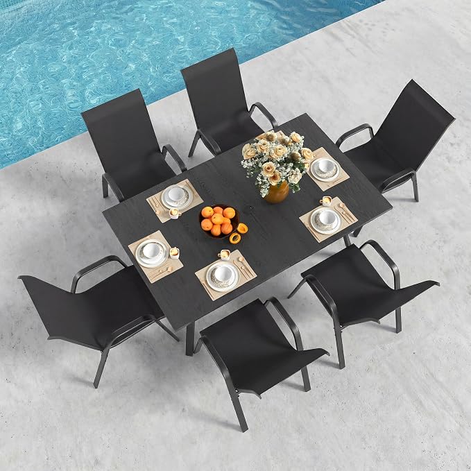 7-Piece Outdoor Dining Set - Rectangular Patio Table with Umbrella Hole and 6 Stackable Dining Chairs All-Weather for Garden, Deck, and Poolside (Black, 63"L x 38"W x 28"H Rectangle Dining Table)